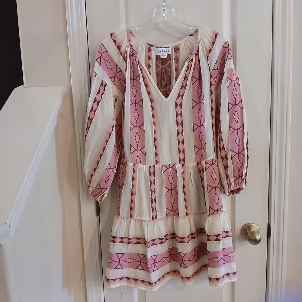 Velvet by Graham & Spencer Pink Kally 100% Cotton Jacquard Mini Dress S Boho